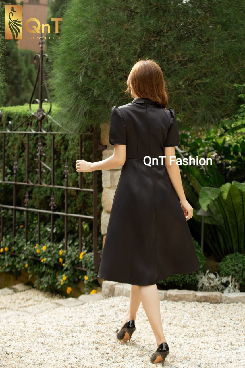 Đầm dự tiệc thiết kế dáng xòe-Đầm tafta đen 2 lớp phối ren chân A sang trọng,thanh lịch đi tiệc,đi làm hay đi chơi