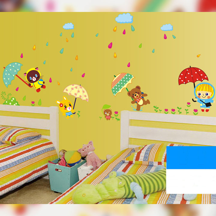 Decal dán tường chất liệu PVC loại 1 dày dặn, sắc nét, trang trí lớp mầm non, phòng học cho bé- Gấu che ô- mã sp AY1931
