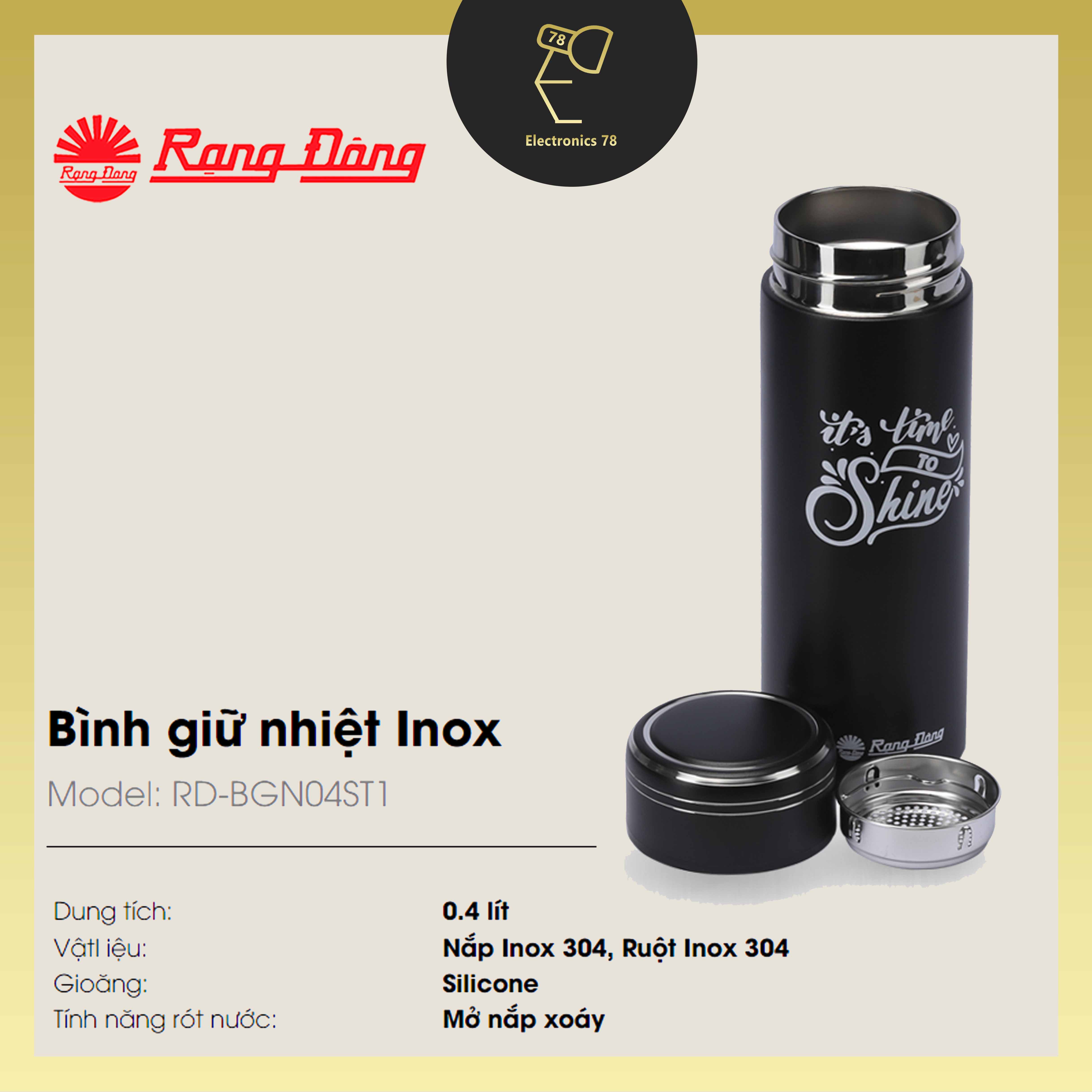 Bình nước cầm tay, Bình giữ nhiệt Inox 304 cao cấp Rạng Đông [400/450ml Đựng Nước Nóng Lạnh]