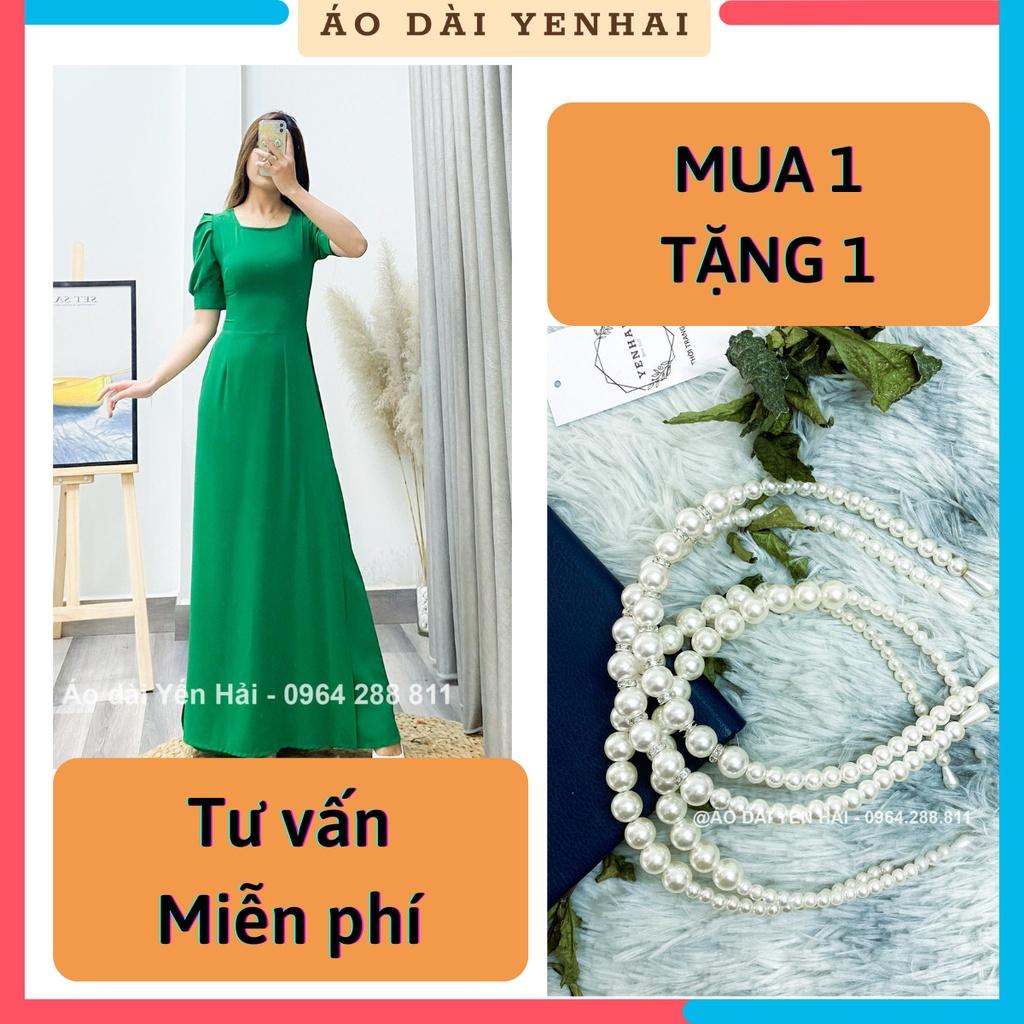 Áo dài thiết kế cổ vuông tay bồng lỡ chất liệu lụa Thái Tuấn xanh