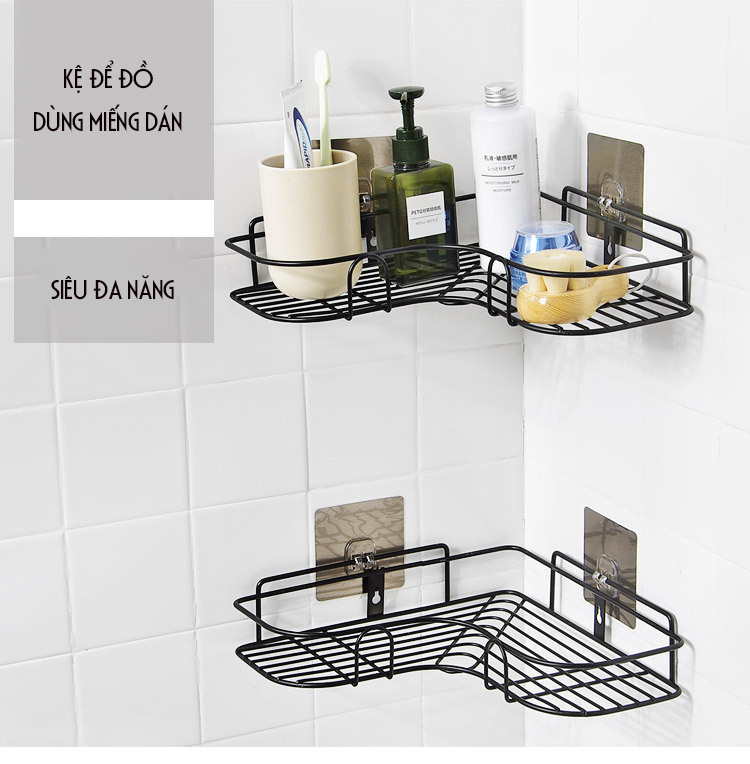 Giá góc, kệ góc treo tường bằng miếng dính cho nhà bếp, phòng tắm thêm gọn gàng, để được nhiều đồ hơn