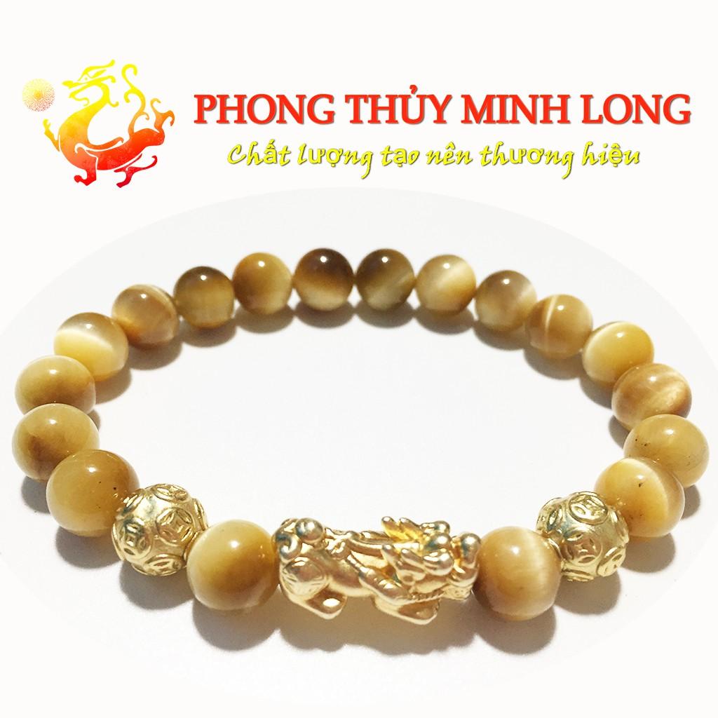 Vòng tay đá Mắt Hổ Vàng Tâm chất lượng 5A mix Tỳ Hưu và 2 Hạt Kim Tiền Vàng hợp mệnh Thổ và mệnh Kim