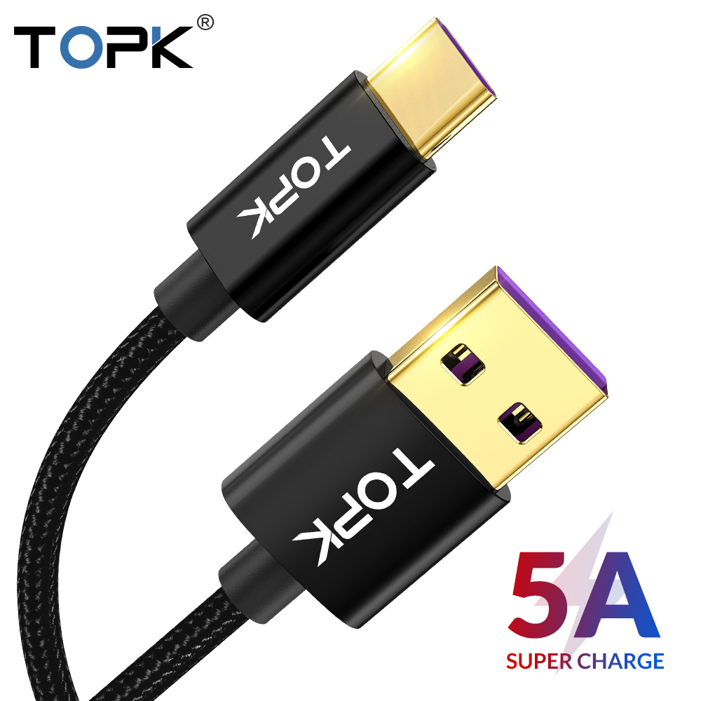 Cáp Sạc TOPK AN11  chuyên dùng cho Type C 5A, Cáp Nylon USB Siêu Sạc Cho HUAWEI P20 P30 Pro - Hàng chính hãng