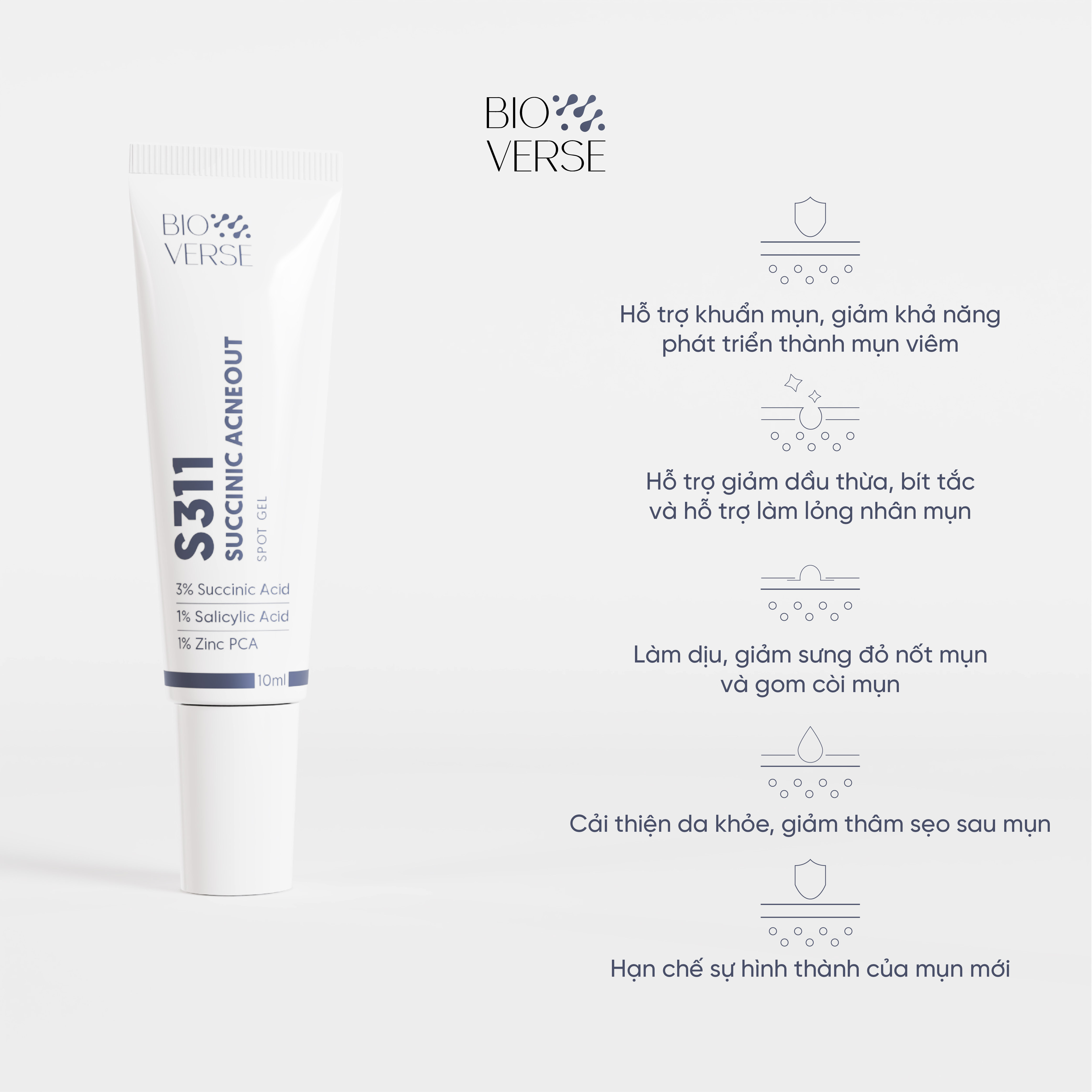 Gel chấm mụn 3% Succinic acid + 1% Salicylic Acid hỗ trợ giảm khuẩn và se còi mụn Bioverse S311 Succinic Acneout 10ml