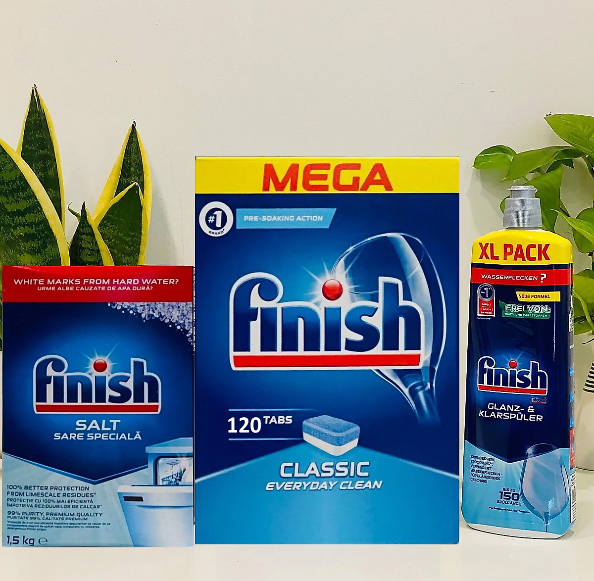 Combo viên rửa bát Finish Classic 120 viên + Muối Finish 1,5kg + Nước làm bóng Finish 750ml