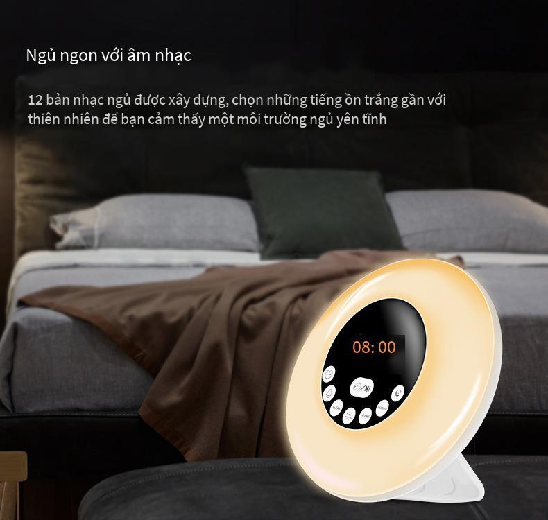 Đèn báo thức mô phỏng bình minh và hoàng hôn mới thuận lợi nhất, đồng hồ báo thức LED thông minh, loa Bluetooth đầu giường có tiếng ồn trắng đầy màu sắc