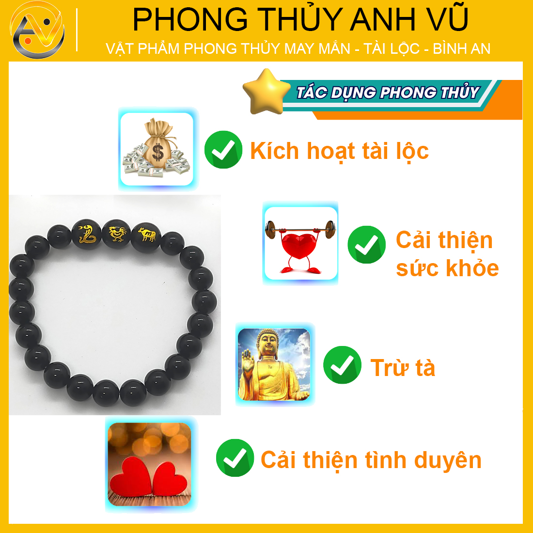 Vòng tam hợp quý nhân tỵ dậu sửu đã khai quang - chất liệu mã não đen tự nhiên - size 8 10 12ly - may mắn tài lộc - Vòng Tam Hợp Anh Vũ