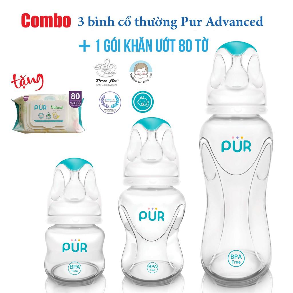 Combo 3 bình sữa Pur Advanced + tặng gói khăn ướt 80 tờ