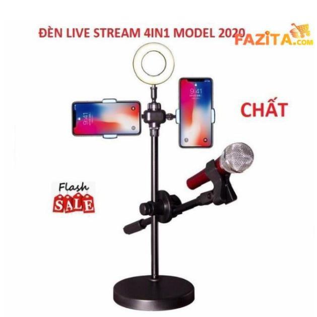 Đèn Live Stream 4in1 Để Bàn Có Chân Đỡ Micro LivesTream Hai Điện Thoại - Bộ Giá Đỡ Điện Thoại Livestream 4in1