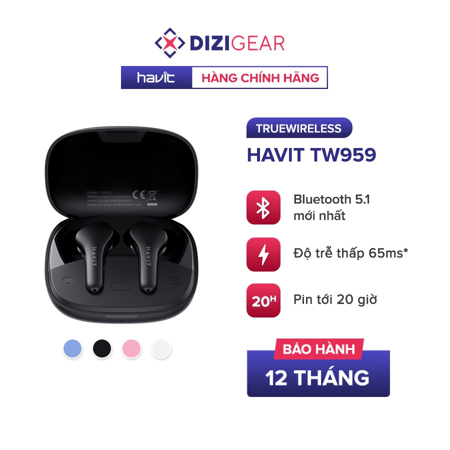 Tai nghe TWS Havit TW959, Bluetooth 5.1, Độ Trễ Tới 65ms, Nghe Độc Lập, Pin Tới 20H -  Hàng Chính Hãng Dizigear