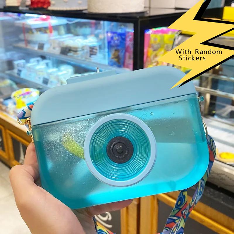 400Ml Ins Dễ Thương Camera Ấm Siêu Sáng Tạo Trẻ Em Bình Nước Có Ống Hút Ngoài Trời Chống Rơi Di Động Dây Đeo Nhựa Cốc Nước drinkware