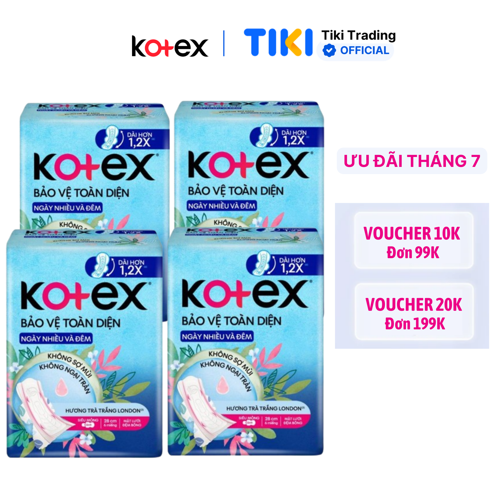 Combo 4 gói Băng Vệ Sinh Kotex Bảo Vệ Toàn Diện Ngày Nhiều và Đêm 28cm SMC - Gói 6 miếng
