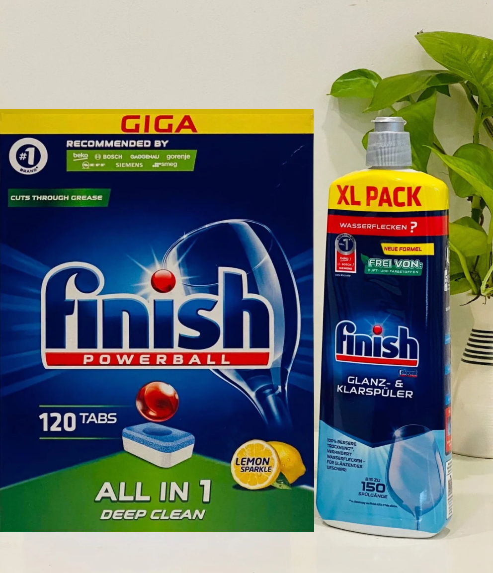 Viên rửa bát Finish 120 viên + Nước làm bóng Finish 800ml dùng cho Máy rửa bát