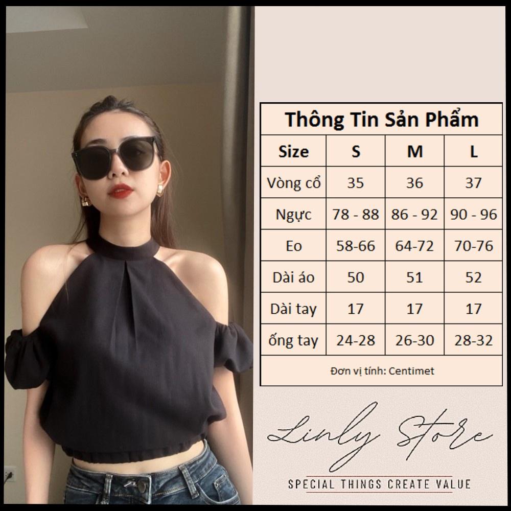 Áo hở vai cổ yếm 2 lớp – Áo trễ vai tay bồng chất linen – Croptop kiểu eo bo chun