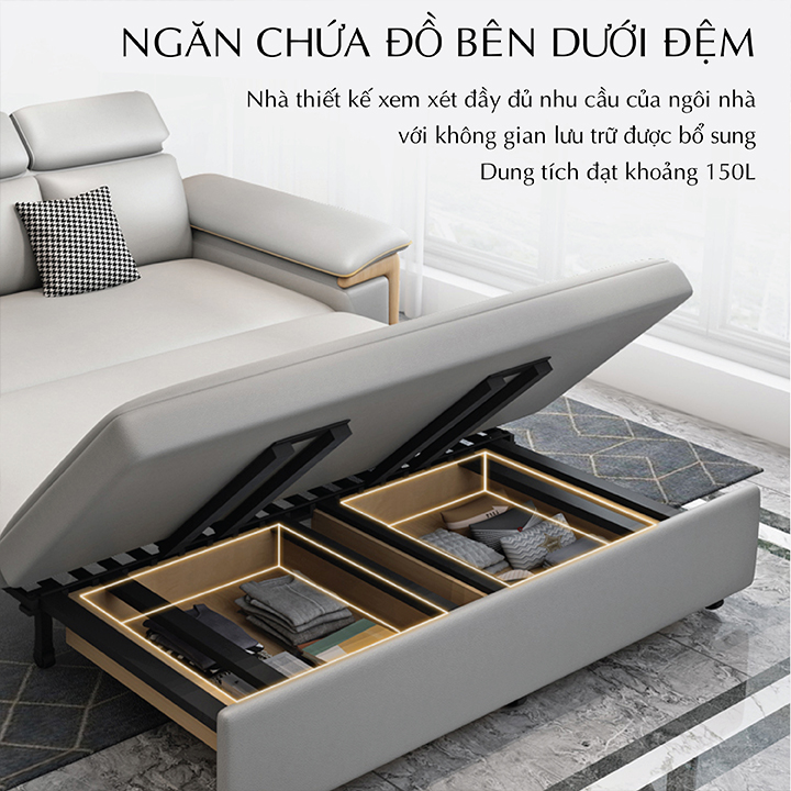 Giường Sofa Vải Sợi Nano Cao Cấp - Ghế Sofa Giường Đa Năng Có Ngăn Chứa Đồ, Khung Thép Chống Gỉ : KT 1M60 X 1M95