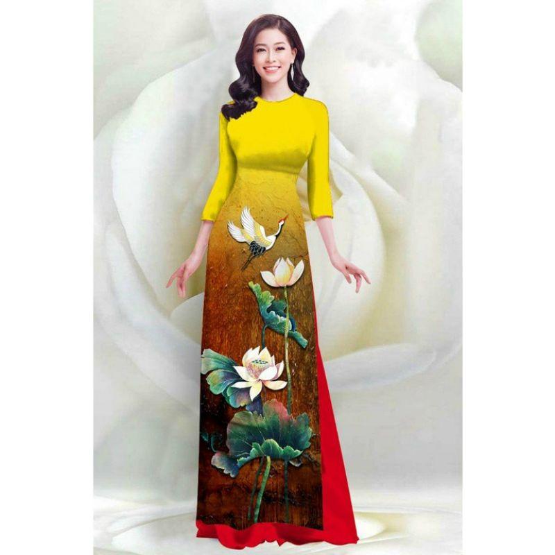 SÉT ÁO DÀI LỤA HỌA TIẾT SEN HẠC 4D VN