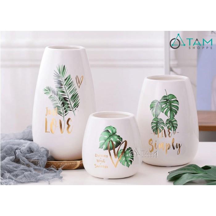 Lọ hoa đẹp gốm trắng họa tiết nhiệt đới số 50