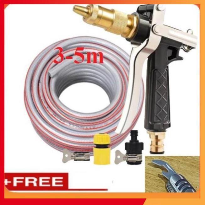 Bộ dây vòi xịt nước rửa xe, tưới cây . tăng áp 3 lần, loại 3m, 5m 206236 đầu đồng,đai,nối nhựa đen+ tặng mở chai