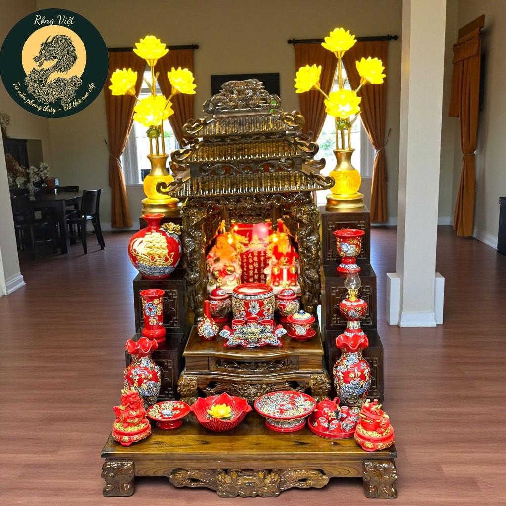 Bộ đồ thờ RỒNG VIỆT men đỏ đắp nổi, gốm sứ Bát Tràng tinh xảo, sản phẩm cao cấp cho thờ cúng