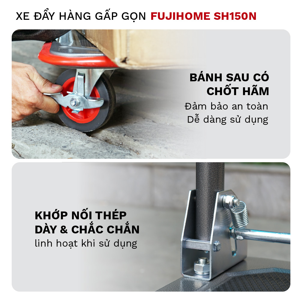 Xe đẩy hàng 4 bánh gấp gọn sàn thép FUJIHOME nhập khẩu, xe kéo hàng xếp gọn, bánh xe có chốt hãm - hàng chính hãng