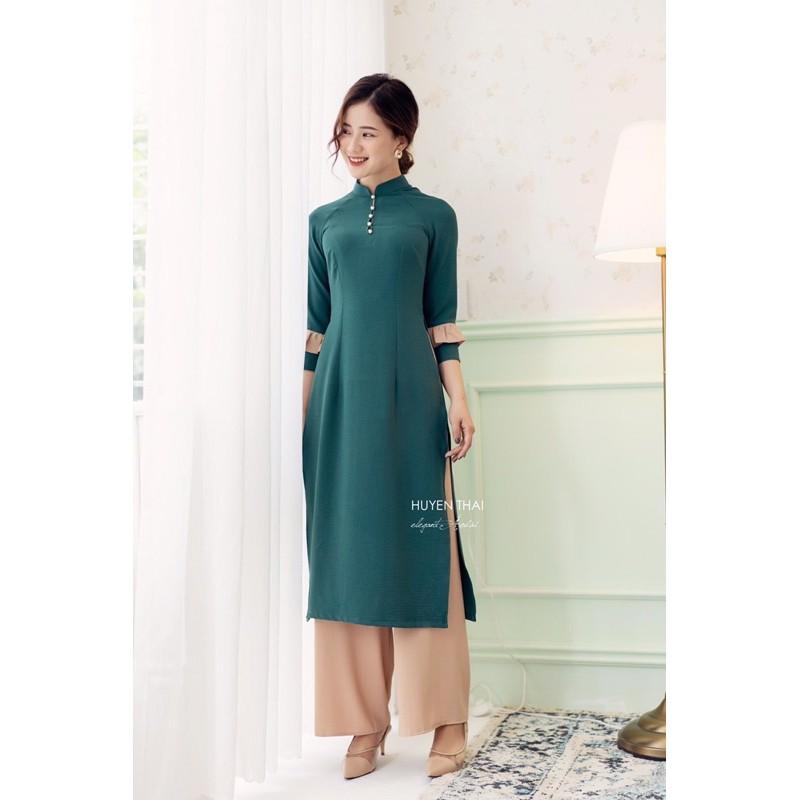BỘ ÁO DÀI CÁCH TÂN MẪU HUYỀN THÁI/ CỔ VUÔNG V TAY LỠ CÚC BỌC VẢI CỰC SANG/ Áo Dài Hồng Hạnh