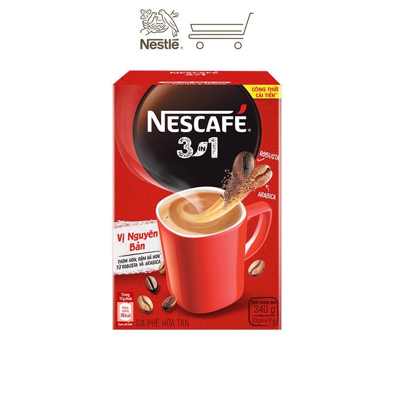 [Tặng bình nước Water Reminder 700ml] Combo 2 hộp cà phê hòa tan Nescafé 3in1 vị nguyên bản - công thức cải tiến (Hộp 20 gói)