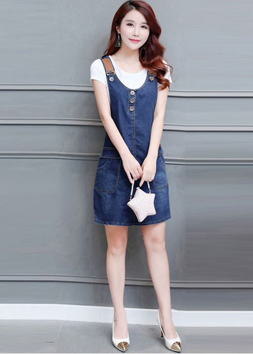 Đầm Yếm Jean Nữ Phối Da Nút Ngực Duyên Dáng