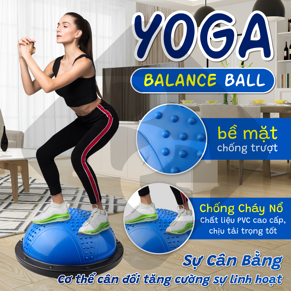 BG Bóng tập YOGA bóng thăng bằng BLUE tặng bơm bóng,Bosu Bóng Tập Cân Bằng Bosu tập thể dục,Bóng đẹp Yoga Tại Nhà Cao Cấp Tặng 2 Dây Kéo Tay Và Bơm Bóng ( hàng nhập khẩu)