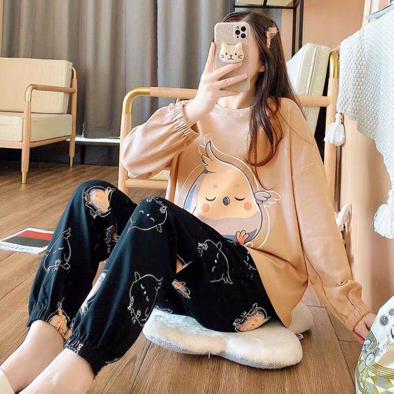 Đồ Bộ Thun Tay Dài Quảng Châu - Pijama Quần Dài - Đồ Mặc Ở Nhà Họa Tiết Hoạt Hình Dễ Thương