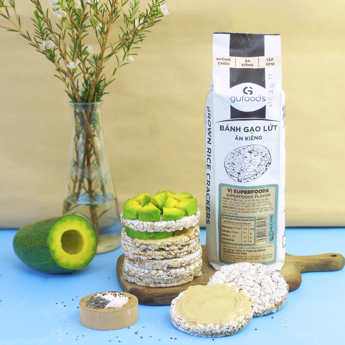 Bánh gạo lứt GUfoods vị Superfoods - Không chiên dầu, Không đường, Từ gạo và ngũ cốc nguyên hạt, Lành mạnh, Phù hợp Eat clean, Ăn vặt healthy, Thực dưỡng, Tập gym, Thuần chay