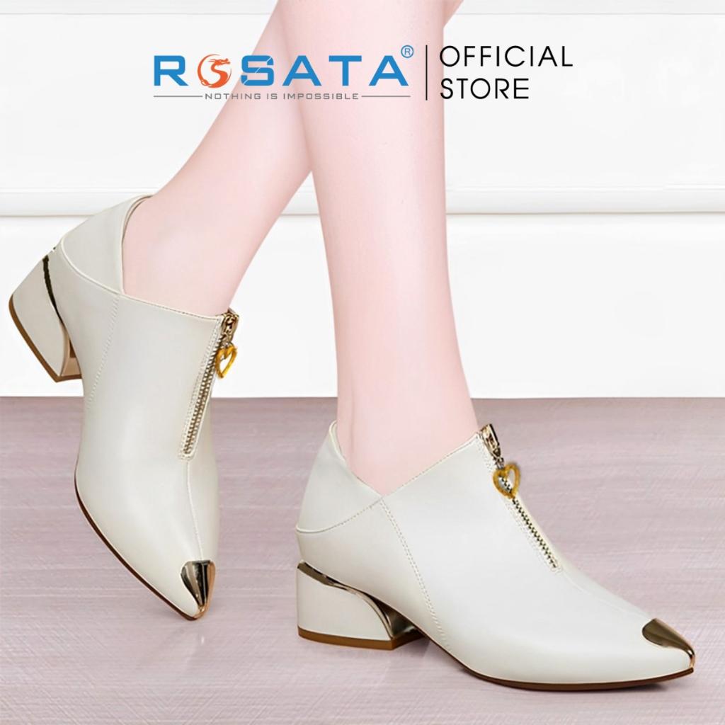 Giày bốt nữ ROSATA RO305 cổ thấp mũi nhọn họa tiết khóa kéo dọc chân viền vàng gót cao 4cm xuất xứ Việt Nam - Kem