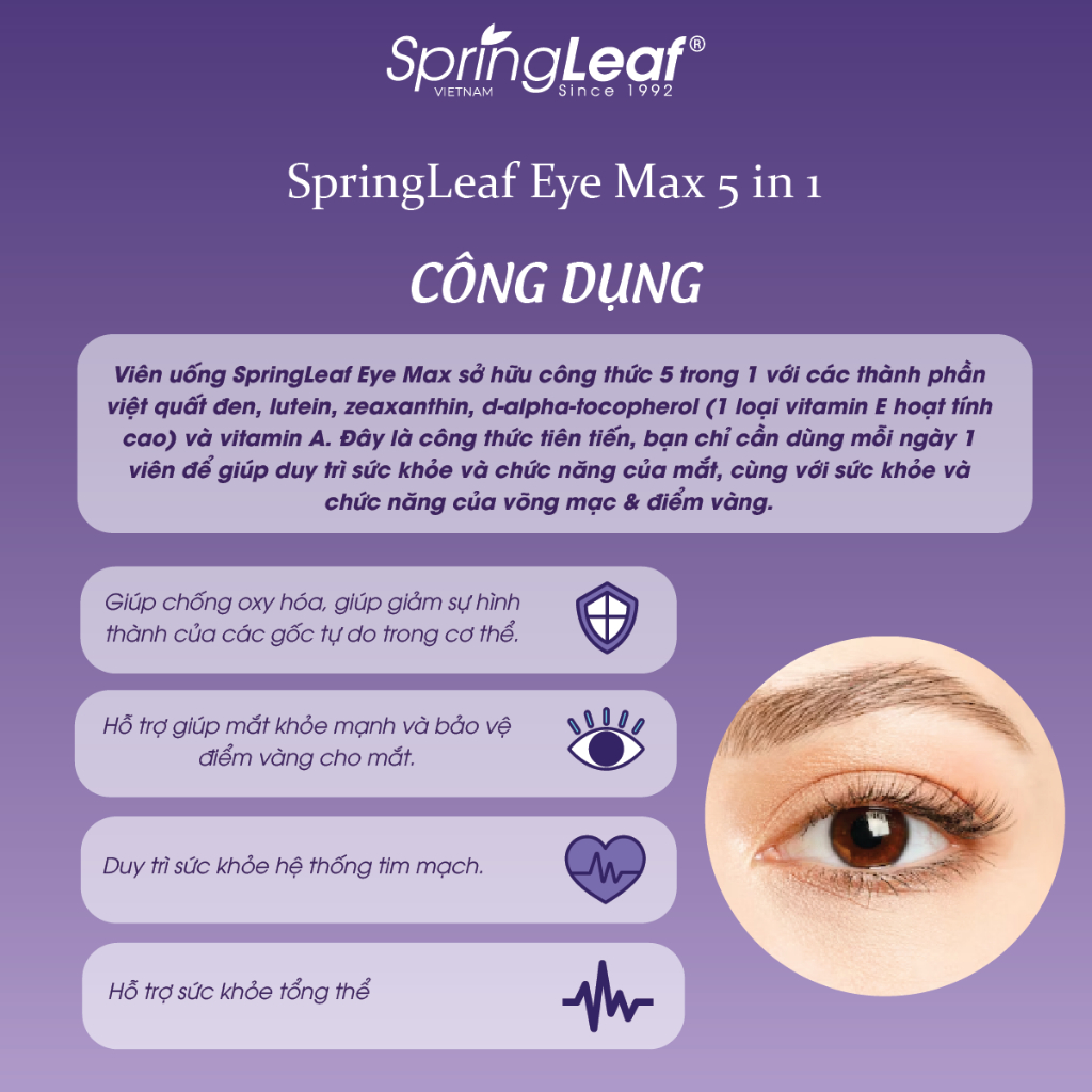 Viên uống bổ mắt giúp mắt khỏe mạnh và hỗ trợ duy trì sức khỏe điểm vàng SpringLeaf EyeMax 5 in 1 60 viên