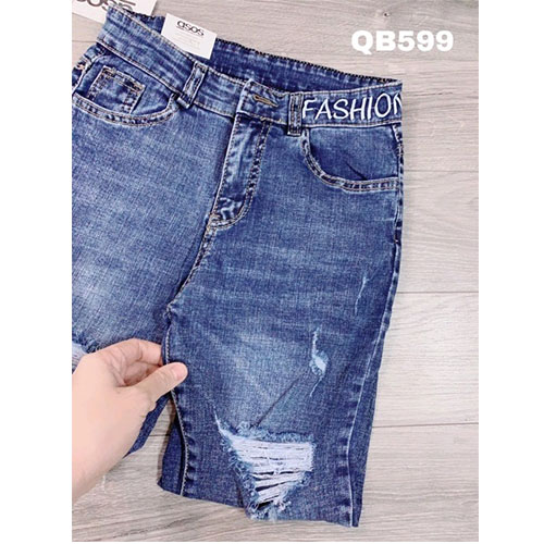 Quần baggy jean nữ rách cạp thêu co giãn Q074