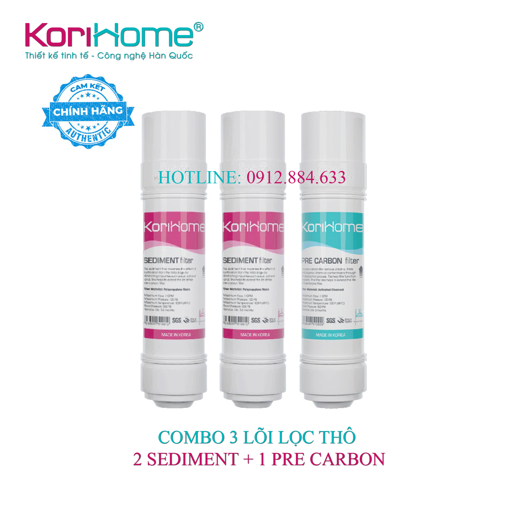 Combo 3 lõi lọc Korihome - 2 lõi Sediment và 1 lõi Pre-cacbon - Hàng chính hãng