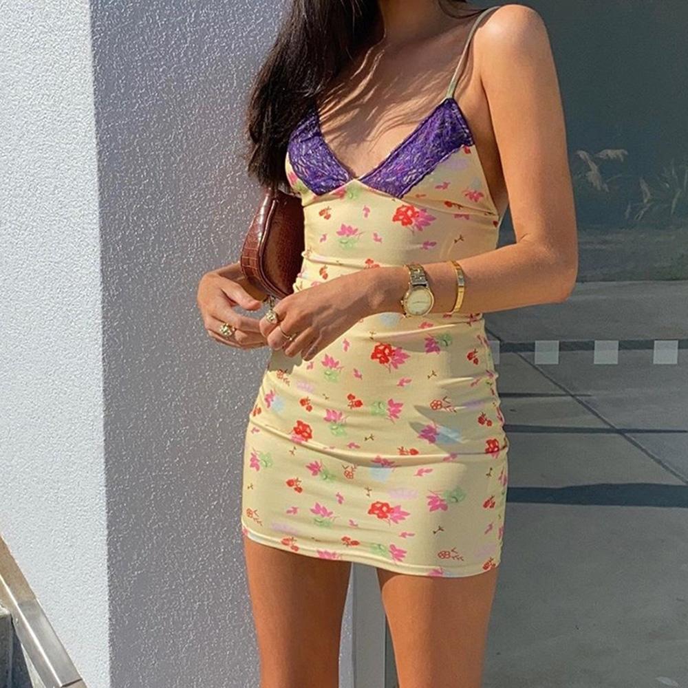 Sexy Women Summer Dress Spaghetti Strap Floral Print Lace Spliced V Neck Sleeveless Backless Bodycon Holiday Mini Dress