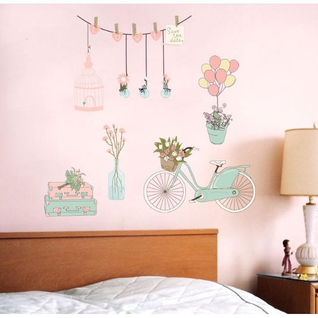 Decal dán tường trang trí - Xe Đạp và nhiều chậu hoa dịu dàng
