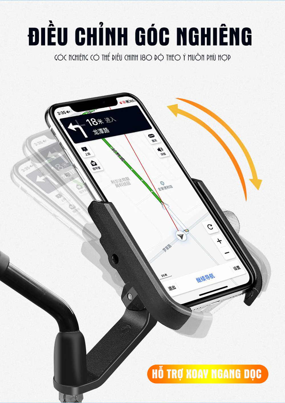 Giá Kẹp Đỡ Điện Thoại Cho Xe Máy/ Xe Gắn Máy/ Xe Moto Hợp Kim Nhôm Cao Cấp Chống Rung, Chống Cướp Giật Điều Chỉnh Xoay Ngang Dọc 360 độ (Chốt Kẹp Gắn Chân Gương Chiếu Hậu ) Mai Lee