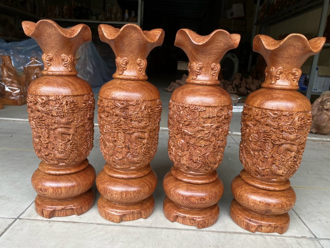 Cặp LỤC BÌNH KHẮC TỨ LINH HÚT TÀI LỘC BẰNG GỖ HƯƠNG ĐÁ KT CAO 30×10×10CM