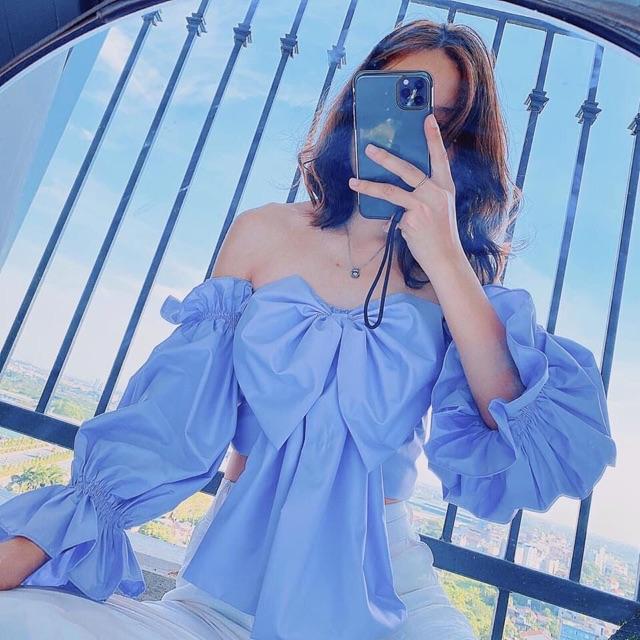 Áo bẹt vai tay phồng nơ bản to sexy