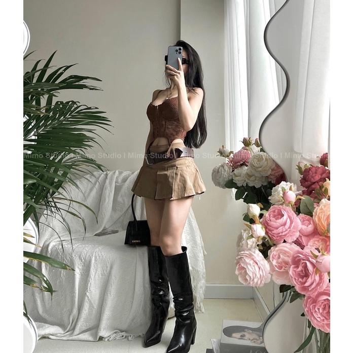 Bra corset lưng đan dây - Váy kaki nâu kèm belt