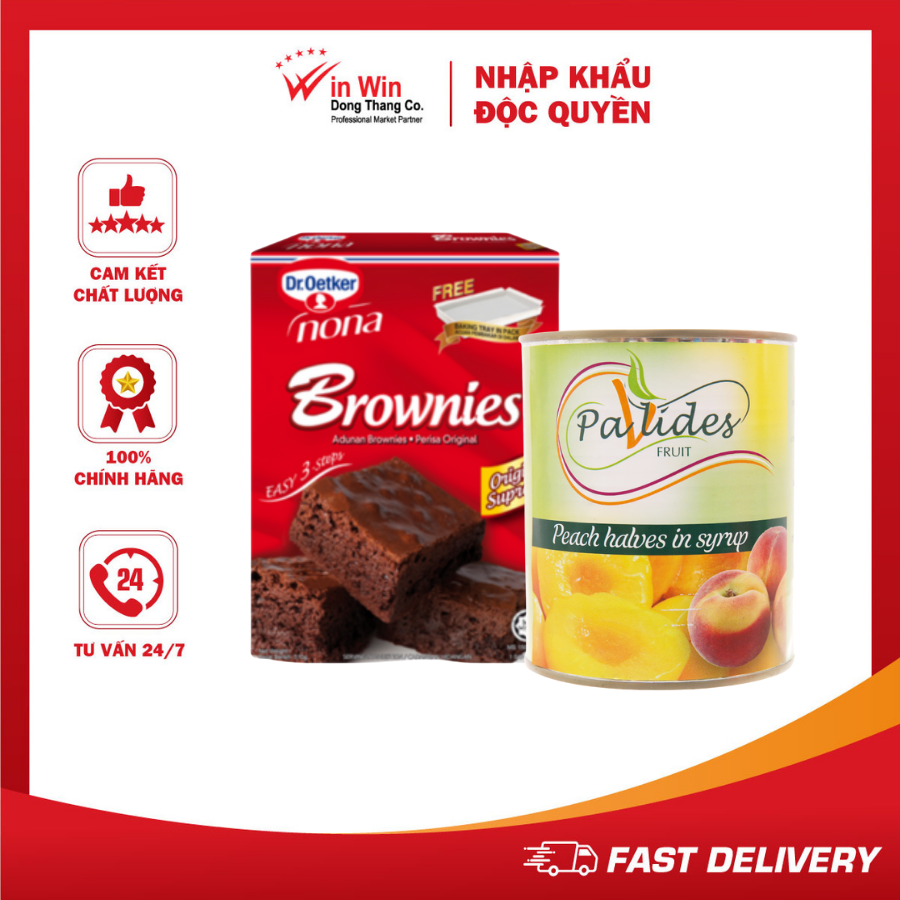 COMBO 1 Hộp Bột Làm Bánh Brownies Dr. Oetker 510g + 1 Lon Đào Ngâm Đường Pavlides 820g