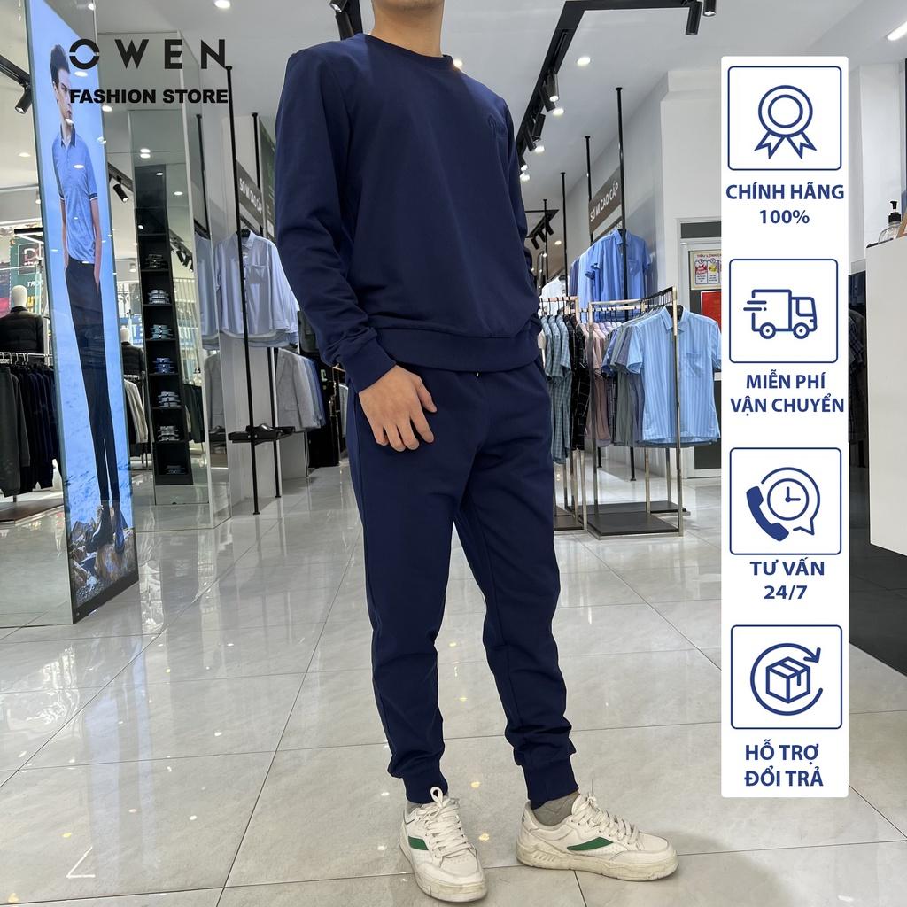 Bộ nỉ nam OWEN màu xanh navy, bộ mặc nhà Thu đông dành cho nam chất liệu cotton cao cấp mã BMN221187