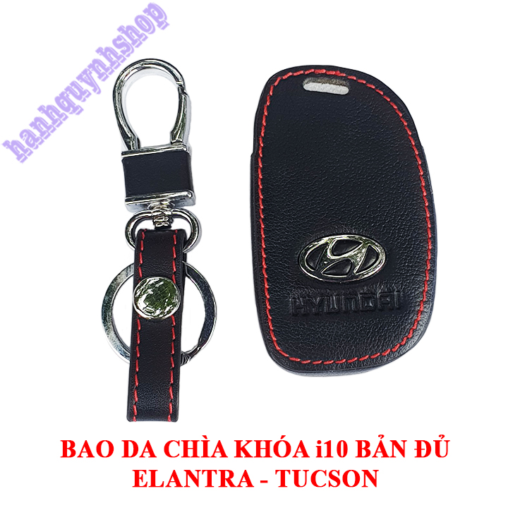 Bao da chìa khóa i10 bản đủ, Elantra, Tucson màu đen chỉ đỏ tặng kèm móc