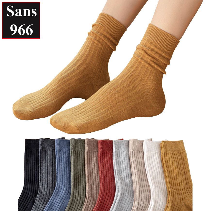 Tất cao cổ nữ vintage hàn quốc Sans966 vớ len gân trơn basic cotton dày dặn đẹp nhiều màu nâu trắng đen nâu xanh đỏ