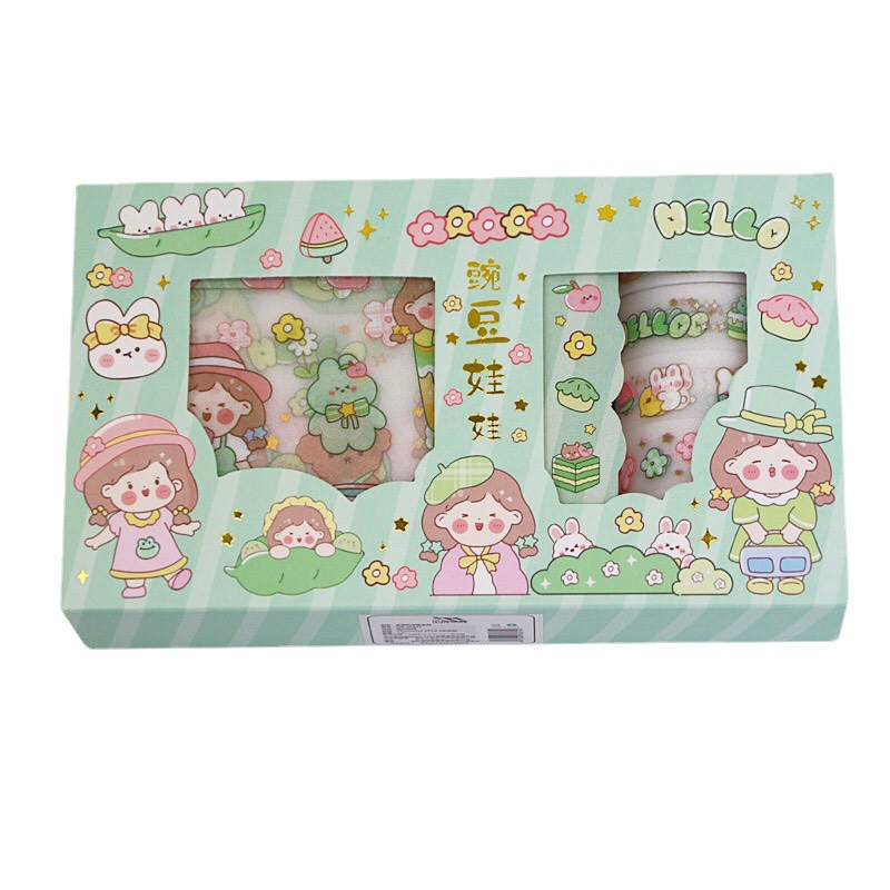 Hộp Washi Tape Trang Trí Sổ Tay set 5 Cuộn Băng Dính Và Bộ Hình Dán Sticker Siêu Kute