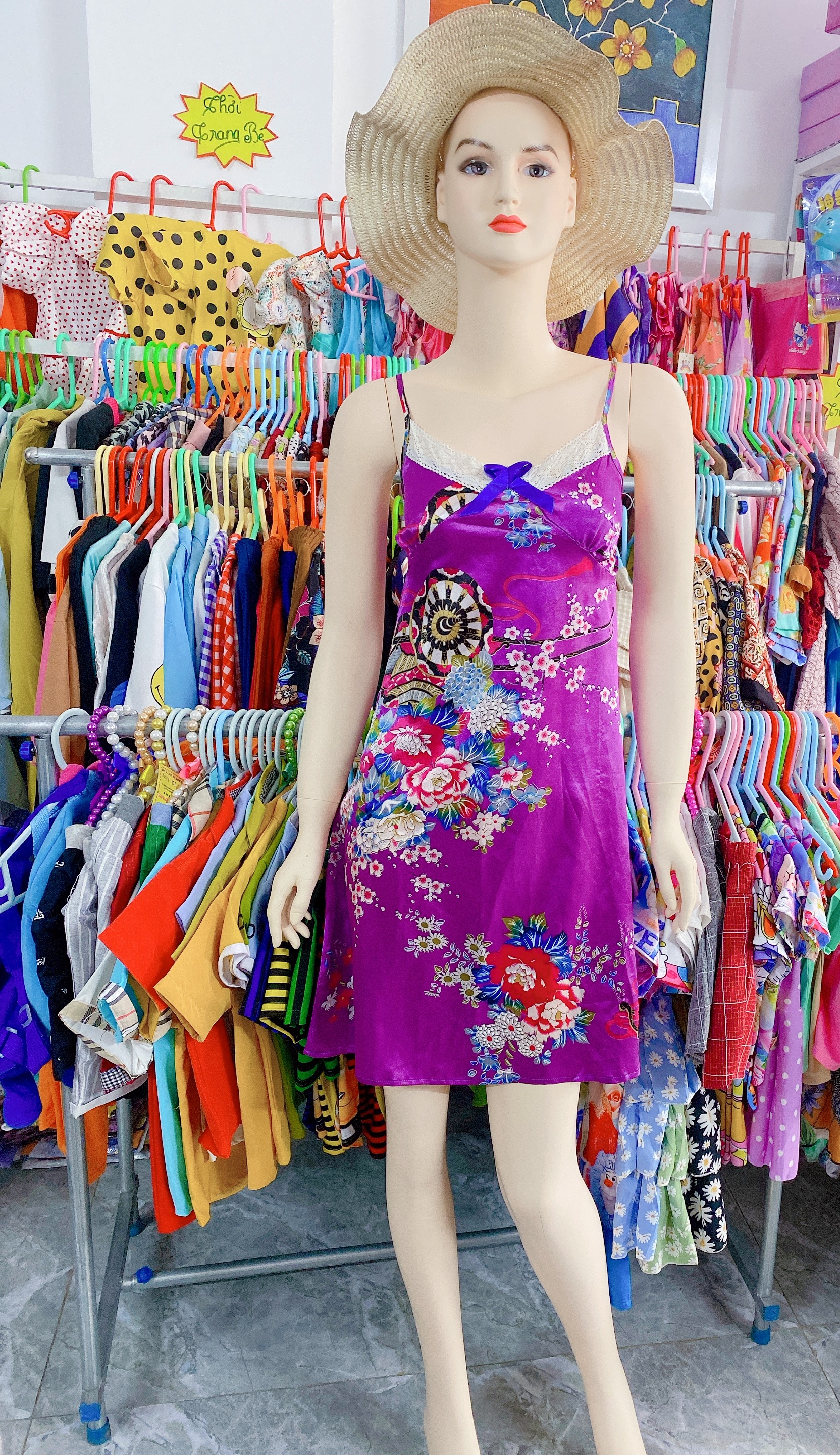 Đầm Ngủ Nữ Nơ Hoa Văn Màu Tím Vải Lụa