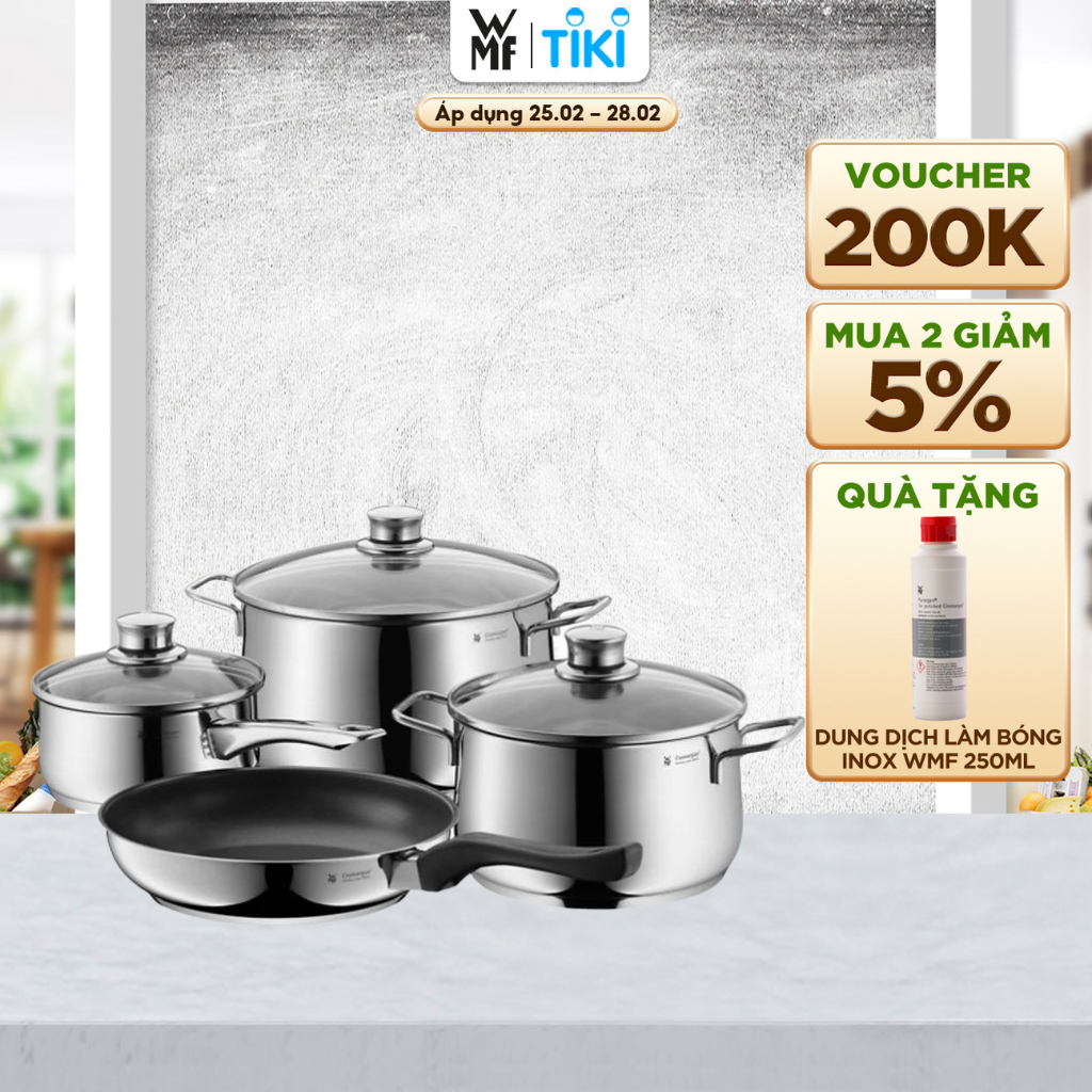 Bộ Nồi Chảo Inox WMF Diadem Plus 4 Món Cookware Set Đáy Từ 3 Lớp Nguyên Khối Dùng Cho Mọi Loại Bếp - 0730276040