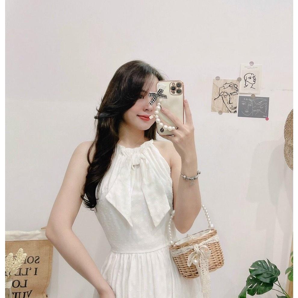Đầm Cổ Yếm Bèo Tầng Cột Nơ Cổ