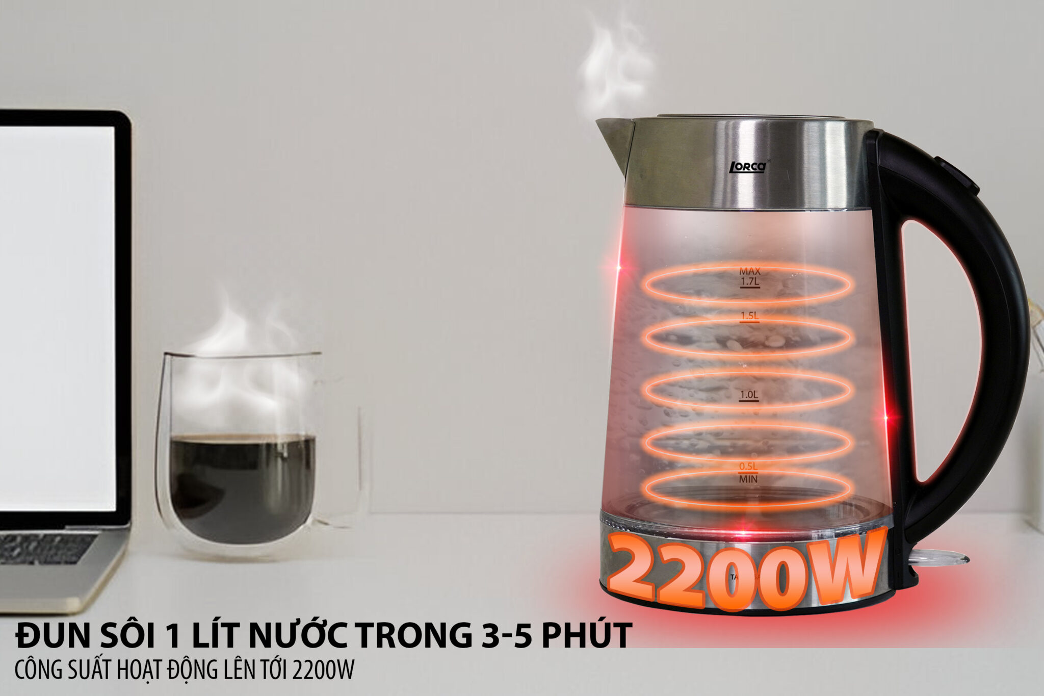 Ấm Đun Siêu Tốc 2 Lớp 1.7L Lorca TA 3006A Hàng Chính Hãng Ấm Đun Nước Thủy Tinh Inox Đun Nhanh, Công Suất Lớn 2200W