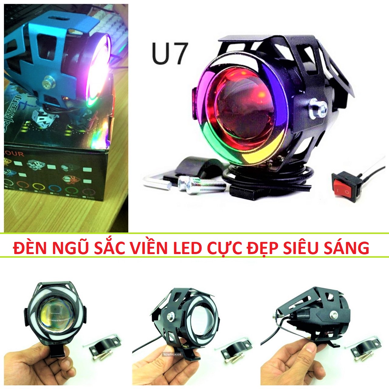 Đèn trợ sáng xe máy ô tô U7 ngũ sắc siêu sáng chống nước có viền led cực đẹp loại tốt mẫu mới lắp các xe